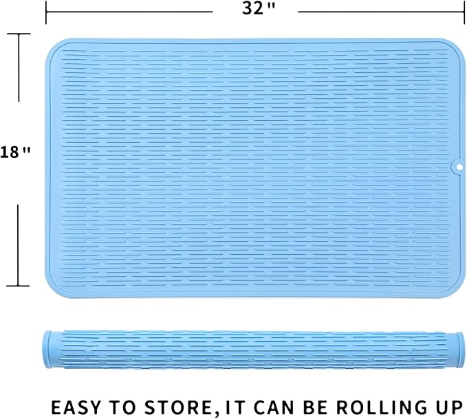 Silicone Dish Drying Mat for Multiple Usage,Easy clean,Eco-friendly,Heat-resistant Silicone Mat for Kitchen Counter or Sink,Refrigerator or Drawer Liner Light Blue 4XL 32 inches x 18 inches - Bloomnest