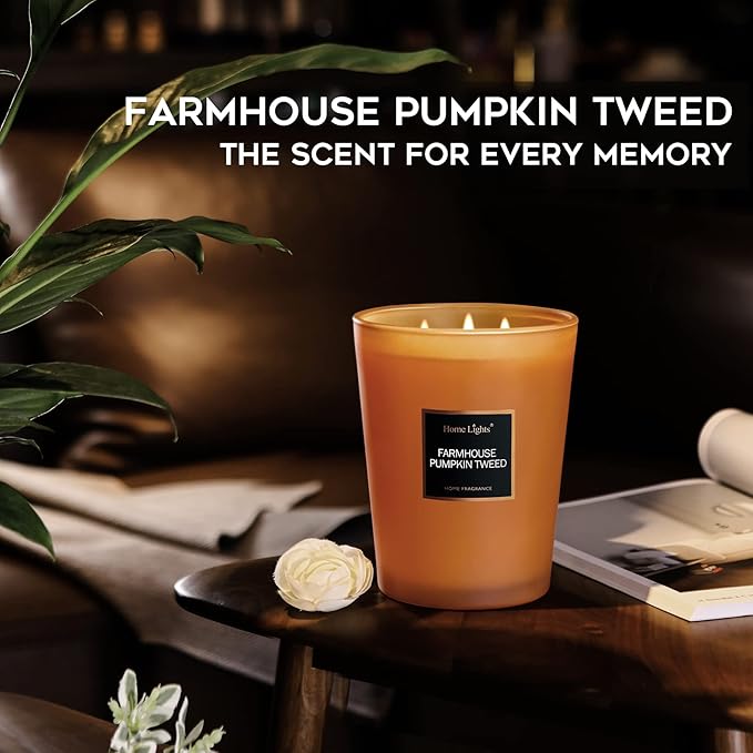 HomeLights Highly Scented Candles, Big 33.3 oz for Home, Natural Soy Aromatherapy Candles, Smokeless Long Lasting 130h with 3 Cotton Wicks, Candles Gifts for Women & Men - Farmhouse Pumpkin Tweed - Bloomnest