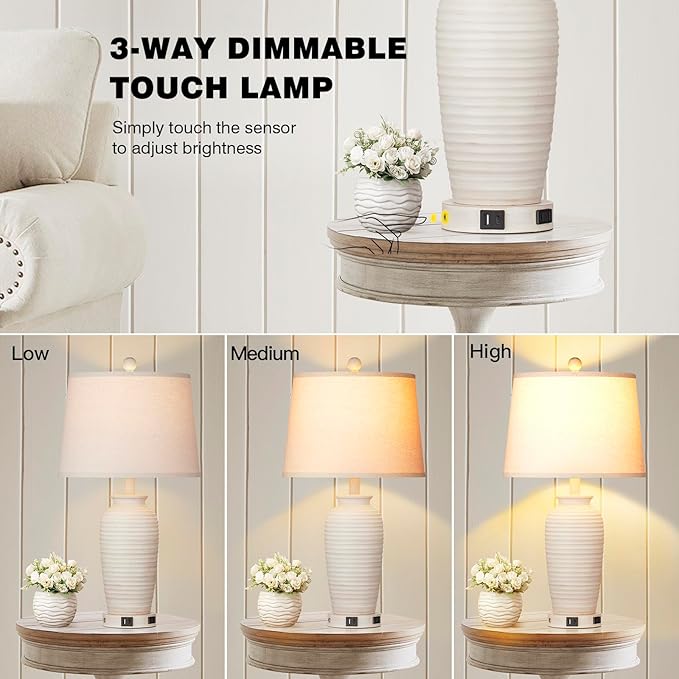 24.3" Farmhouse Jar Table Lamps Set of 2, 3 Way Touch Control Rustic Bedside Lamps with USB A+C Ports & AC Outlet, Pot Nightstand Lamps for Bedroom Living Room (LED Bulbs Included) - Bloomnest