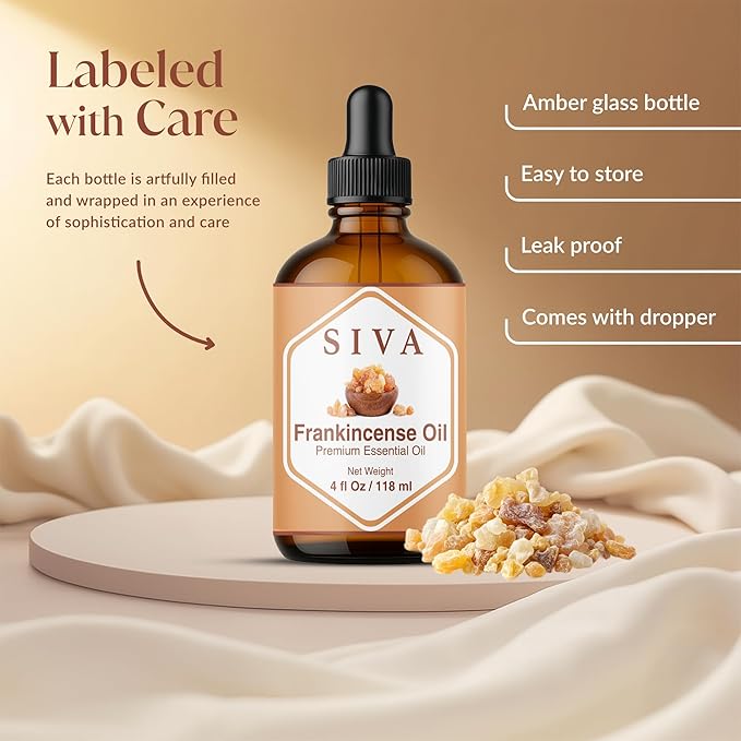Siva Frankincense Essential Oil - 4 Fl Oz – 100% Natural Boswellia Serrata Oil - for Diffuser, Face, Skin Care, Aromatherapy, Hair Care, Scalp and Body Massage - with Dropper - Bloomnest