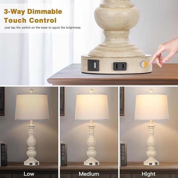 28" Farmhouse Table Lamps Set of 2 with USB C+A Ports & AC Outlet for Vintage Living Room Retro Bedroom,3-Way Dimmable Touch Lamp Resin Bedside Lamps for Nightstand Side End Table, Beige - Bloomnest