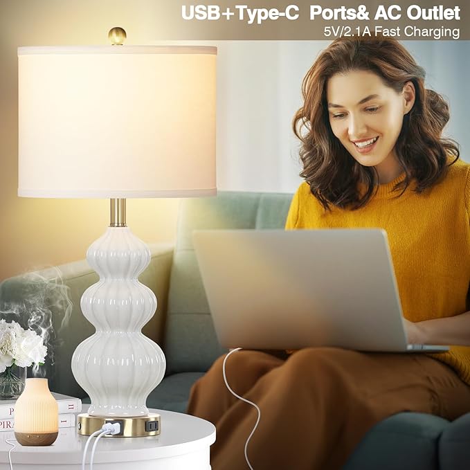 Modern White Table Lamps Set of 2 - Bedside Lamps for Night Stands, 26" Triple Gourd Ceramic Lamps for Living Room with USB A+C Ports & AC Outlet,3 Way Touch Lamps for Bedroom (LED Bulbs Included) - Bloomnest