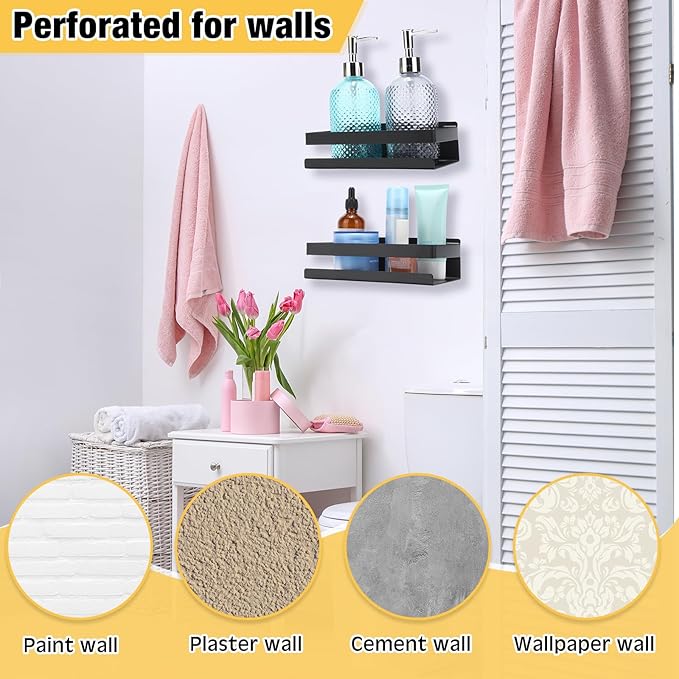 Lallisa 2 Pieces Stainless Steel Shelf Bathroom Shower Floating Shelves Wall Mounted Shower Caddy Basket Shelf Storage Organizer Shelves for Bathroom, Kitchen, Living Room (7.87 Inches/ 20 cm,Black) - Bloomnest