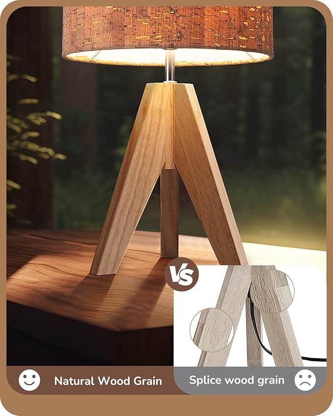 EDISHINE Small Table Lamp, Wooden Tripod Nightstand Lamp with Bark Linen Shade, Farmhouse Bedside Lamp for Nursery, Bedroom, Kids Room, Office, Reading Desk, 14.2 Inch, E26 Socket, ON/Off Switch - Bloomnest