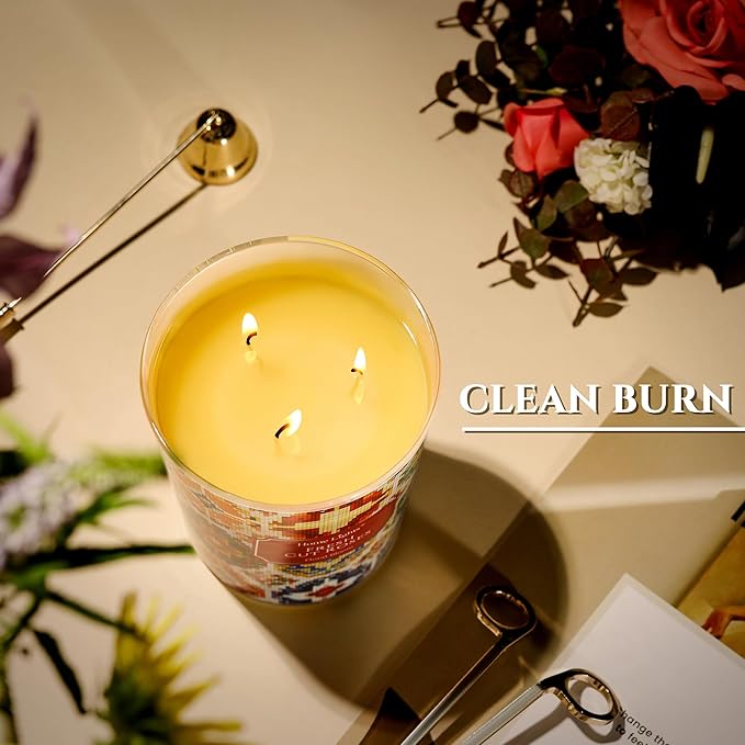 HomeLights 3-Wick Candles for Home Scented - 34oz Soy Wax Blend Candle Long-Lasting Fragrance, Bohemian Natural Textures Home Decor and Housewarming Gifts, Fresh Cut Roses - Bloomnest