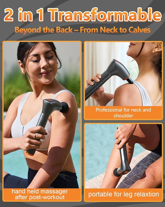 Convertible Massage Gun Deep Tissue for Back Neck Muscle Pain Relief - Electric Handheld Percussion Shoulder Massager Tool with Detachable Long Handle Portable Case - Bloomnest
