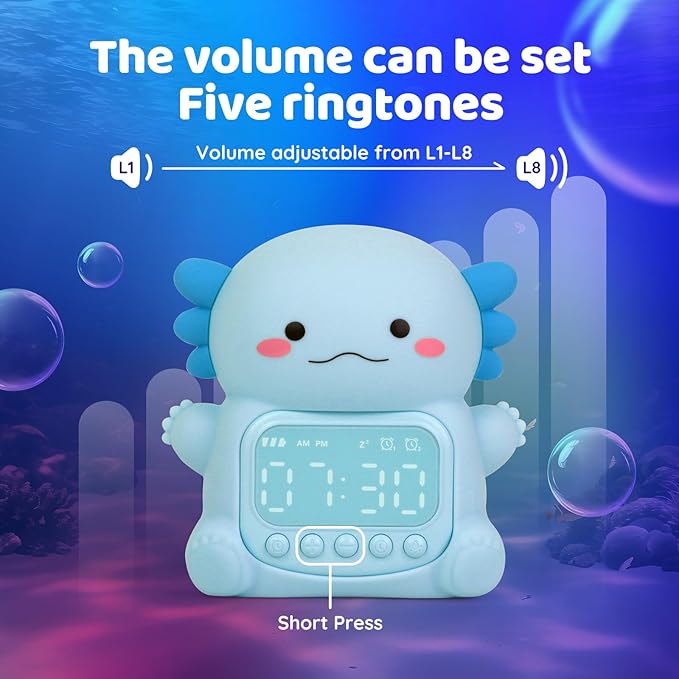 Axolotl Alarm Clock with Night Light for Kids, Rechargeable Silicone Lamp Time to Wake Clock Cute Animal Tabletop Lamp, Perfect Sleep Companion for Boys Girls, Blue - Bloomnest