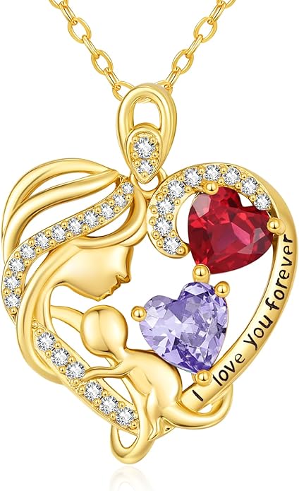 14K Gold Double Birthstone Heart Necklace for Women Mom, Mother Son/Daughter Pendant Necklace for Christmas Mother's Day Birthday Gifts for Wife Daughter Grandmom - Bloomnest
