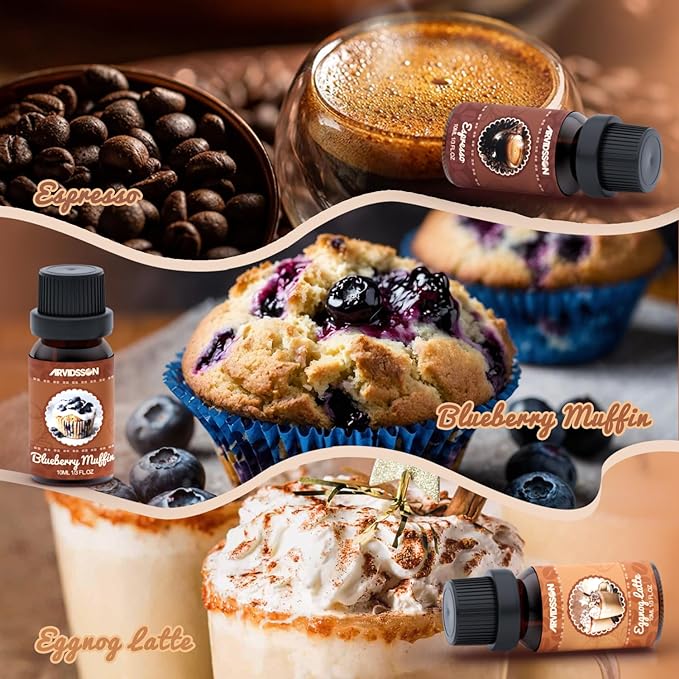 ARVIDSSON Coffee Fragrance Oils Set, Premium Essential Oils for Diffuser, Espresso, Vanilla Chai, Hot Chocolate, Blueberry Muffin, Eggnog Latte, Caramel Macchiato, Coffee Shop Scented Oils - Bloomnest