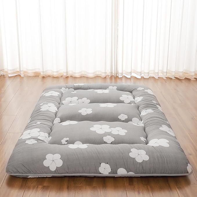 Japanese Floor Mattress Full, Futon Mattress with Storage Bag and Washable Cover, Roll Up Tatami Mat Suitable for Guest Room, Grey Cotton - Bloomnest