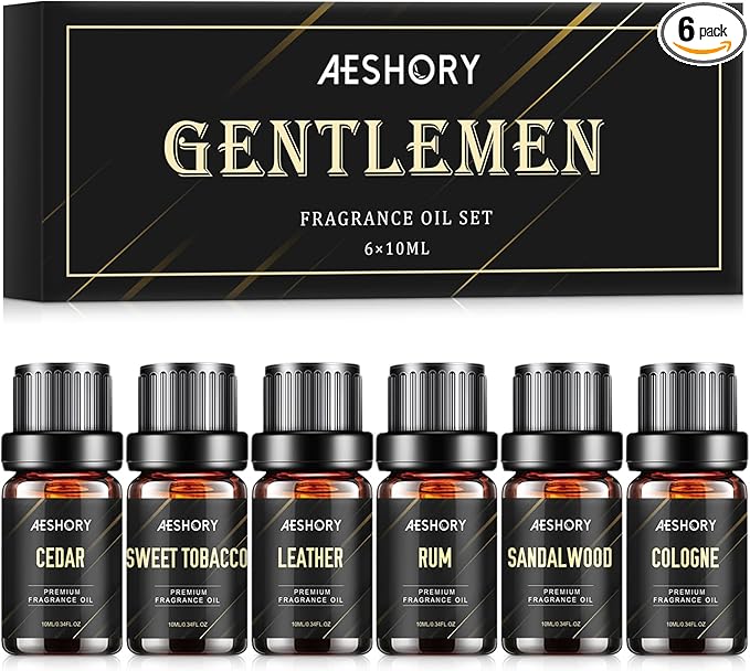 Gentlemen's Essential Oils Set - 6x10ML Mens Fragrance Oil for Candle Making, Diffuser - Sandalwood, Cedar, Leather, Sweet Tobacco, Bay Rum, Cologne Aromatherapy Oils for Men - Bloomnest