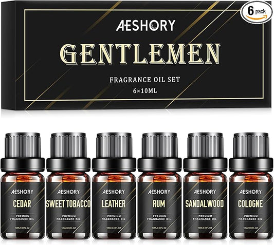 Gentlemen's Essential Oils Set - 6x10ML Mens Fragrance Oil for Candle Making, Diffuser - Sandalwood, Cedar, Leather, Sweet Tobacco, Bay Rum, Cologne Aromatherapy Oils for Men - Bloomnest