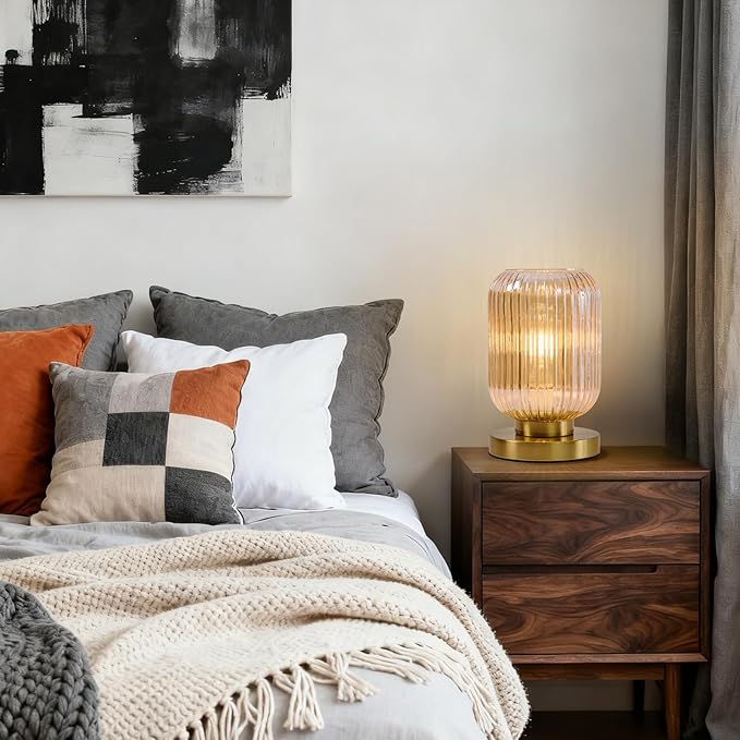 Mid Century Modern Table Lamp: Vintage Amber Ribbed Glass Globe Dimmable Plug in Small Bedside Lamps - Cute Brass Gold Side Table Lamp Nightstand Light for Bedroom Entryway Office Desk Living Room - Bloomnest
