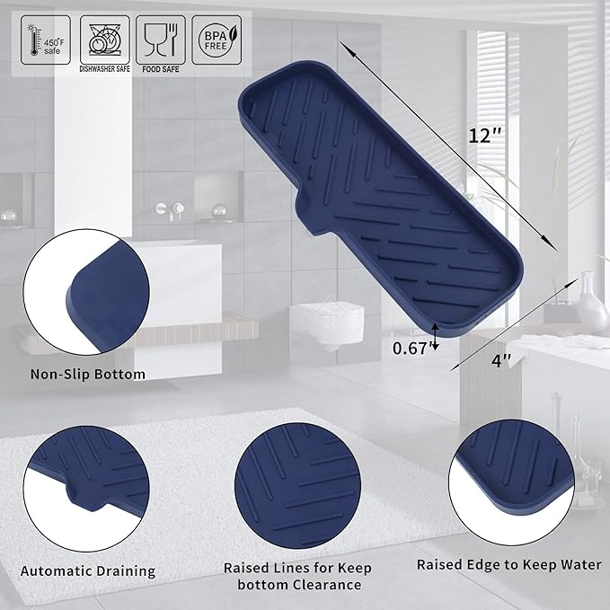 Silicone Bathroom Soap Dishes with Drain Spout-Kitchen Sink Organizer,Sponge Holder,Dish Soap Tray,Perfect for Dispenser,Scrubber,Bottle,Cup on Sink or Counter-Navy Blue 12"×4" - Bloomnest