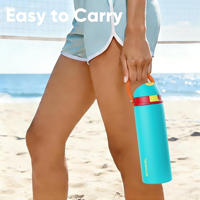 Insulated Water Bottle with Straw - Encool Stainless Steel Water Bottle with Push Button Lid, Leak-Proof & BPA-Free, Keeps Cold for 24 Hours for Sports, Travel, Gym (32 oz, Cerulean Blue) ENCOOL