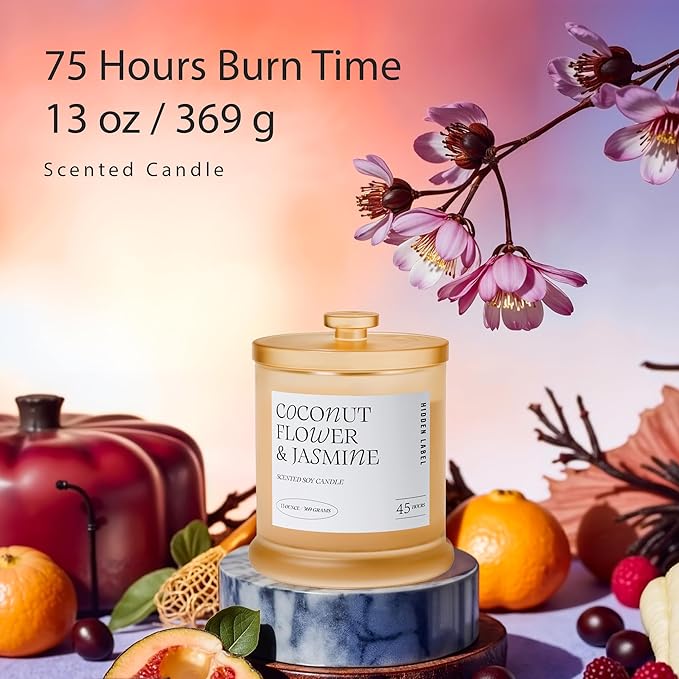 Hidden Label Coconut Flower & Jasmine Scented Candle | 2 Wick Large Candles for Home Scented 13oz 75Hour Long Lasting Slow Burning | Aromatherapy Candle for Home Decor, Stress Relief & Relaxation - Bloomnest