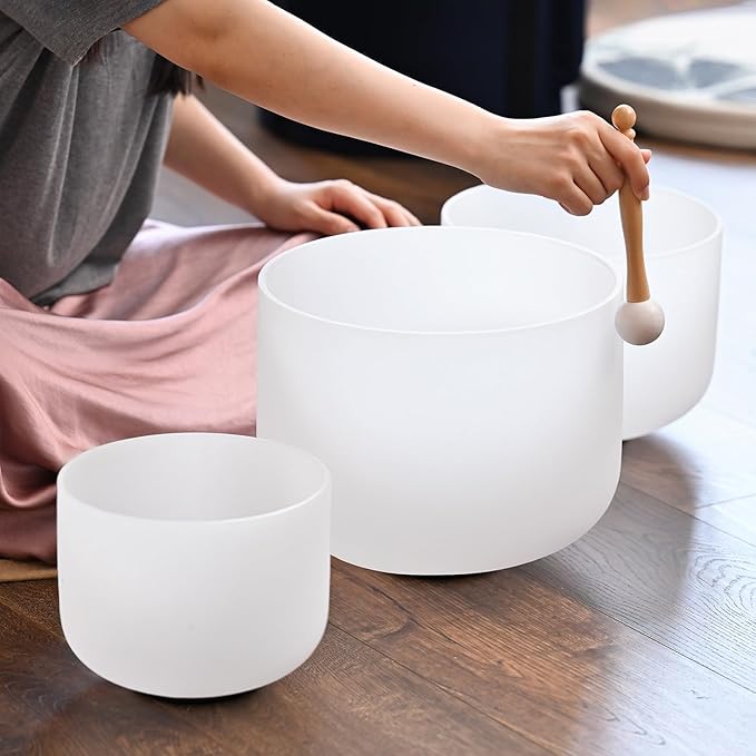 440HZ Sound Healing 8''-12'' Set of 3 Crystal Singing Bowls, Frosted Chakra Quartz Crystal Sound Bowl 8'' A Third-Eye, 10'' F Heart, 12'' C Root With Carry Bags and Mallet - Bloomnest