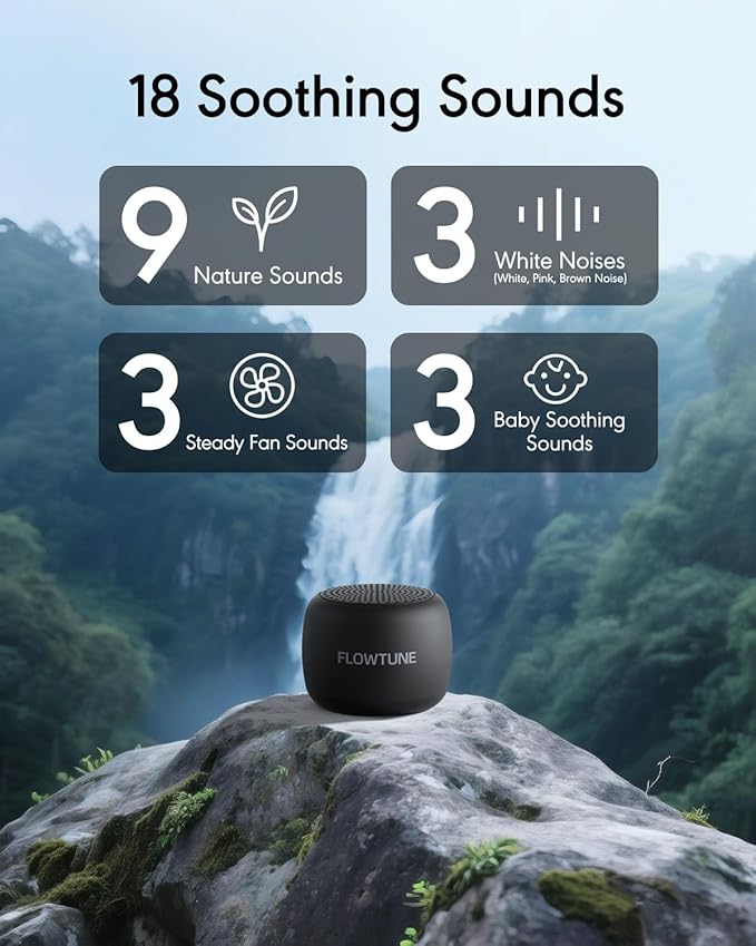 Sound Machine Flowtune White Noise Machine for Baby Adults, Mini Portable Sound Machine for Travel, 6H Timer, 18 Soothing Sleep Sounds Gift (Black) - Bloomnest