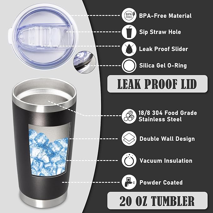 20 oz Tumbler Coffee Travel Tumblers Bulk with Lid Stainless Steel Double Wall Vacuum Insulated Mug Powder Coated Cups fit Car Cupholder for Hot and Cold - Black, 1Pack