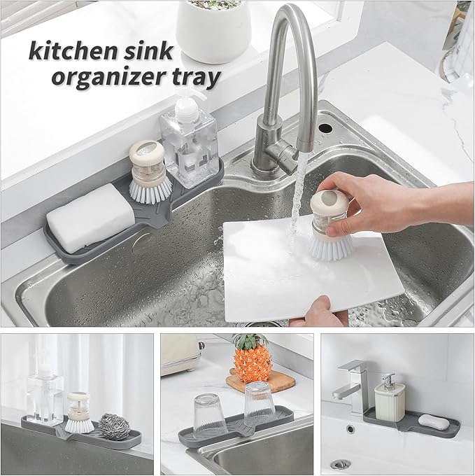 Silicone Bathroom Soap Dishes with Drain Spout-Bathroom and Kitchen Sink Organizer,Sponge Holder,Dish Soap Tray,Perfect for Dispenser,Scrubber,Bottle,Cup on Sink or Counter-Grey 12"×4" - Bloomnest