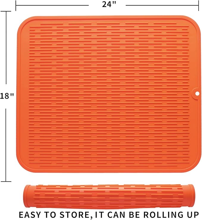 Silicone Dish Drying Mat for Multiple Usage,Easy clean,Eco-friendly,Heat-resistant Silicone Mat for Kitchen Counter or Sink,Refrigerator or Drawer Liner Orange 2XL 24 inches x 18 inches - Bloomnest