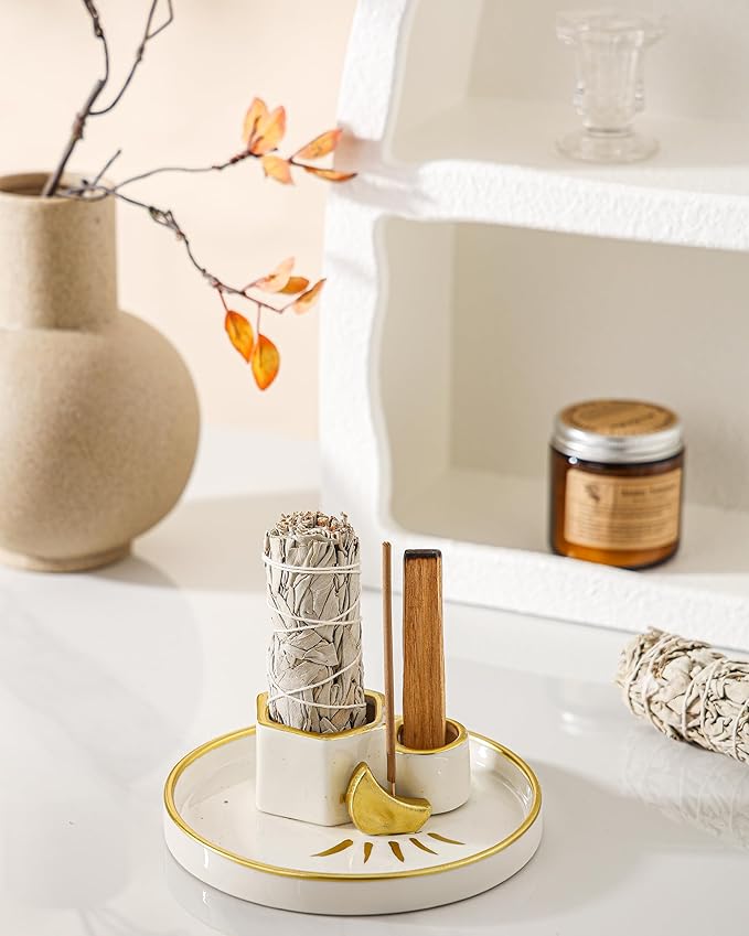 Ceramic Incense Holder Burner, Sage Holder for Burning, Palo Santo Sticks Holder, 5.51" Ash Catch Tray, Smudge Dish for Meditation Yoga, Modern Home Decor Gift - Bloomnest