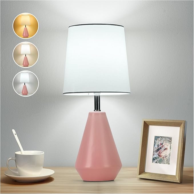 Small Bedside Table Lamp for Bedroom - Reading Desk Lamp with 3 Color Temperatures，15.5" Nightstand Ceramic Lamp with Fabric Shade for Kids Room,Living Room,Dorm,Home Office (Pink+White) - Bloomnest
