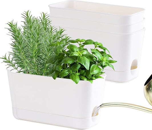 10 Inch Self Watering Planters for Indoor Plants: 4 Packs Rectangular Plant Pots with with Drainage and Tray, Window Pot Self Watering Planter for Herb, Houseplants - Bloomnest