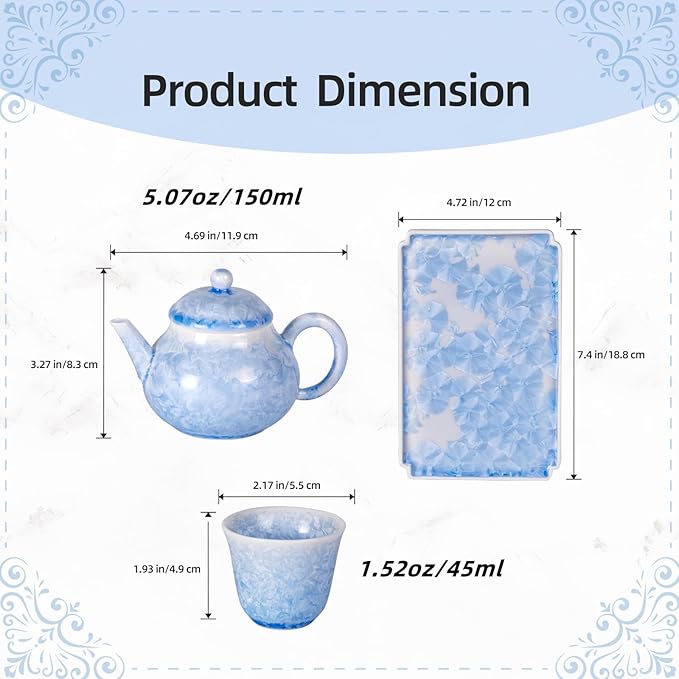 KAMMAK Tea Set Porcelain Tea Pot and Tea Cups Set,Ice Crystal Blue Asian Ceramic Tea Cups and Saucers Set, Chinese Gong Fu Tea Set (2 Cups +1 Pear-shaped Teapot + 1 Square Plate) - Bloomnest