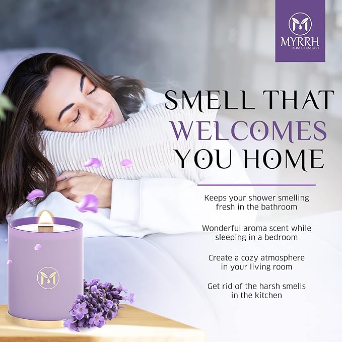 MyrrhUSA Lavender Blossom Scented Candle – 15oz Natural Soy Wax with Crackling Wooden Wick & Essential Oil, 80 Hour Burn | Luxury Aromatherapy Candle for Relaxation, Home Décor, Living Room & Bathroom - Bloomnest