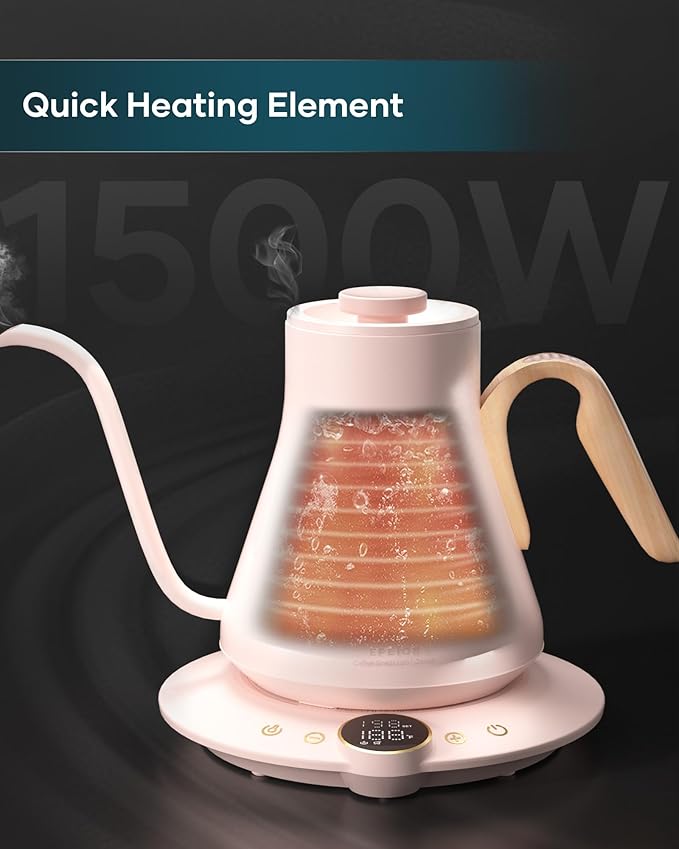 Gooseneck Electric Kettle with ±1℉ Temperature Control for Pour Over Coffee & Tea, Quick Heating, BPA-Free Stainless Steel, Built-in Brew Timer, 1500W/0.9L (Petal Pink) - Bloomnest