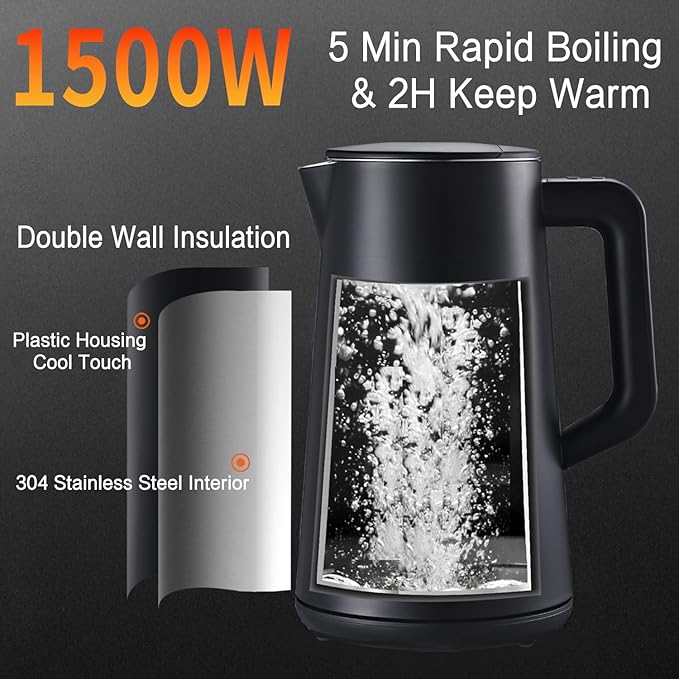1.5L Electric Kettle Stainless Steel, Double Wall Cool Touch Teapot, Fast Boil,5 Temperature Control, LED Display, Auto Shut-Off, BPA-Free,Keep Warm Function, Ideal for Tea & Coffee,Black - Bloomnest
