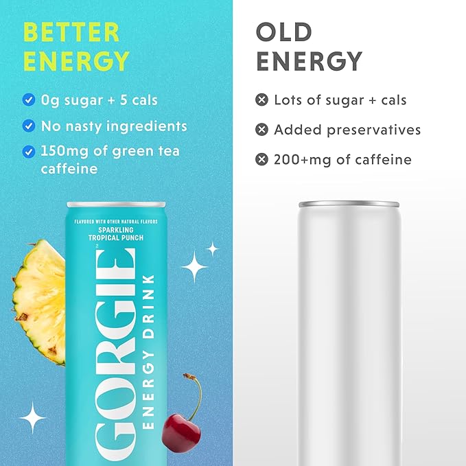 GORGIE Tropical Variety, Sugar-Free Natural Energy Drink Sparkling, Healthy Energy Drinks - Green Tea, Biotin, B Vitamins -150mg Caffeine, Vegan, & Low Calorie (Pack of 12) - Bloomnest