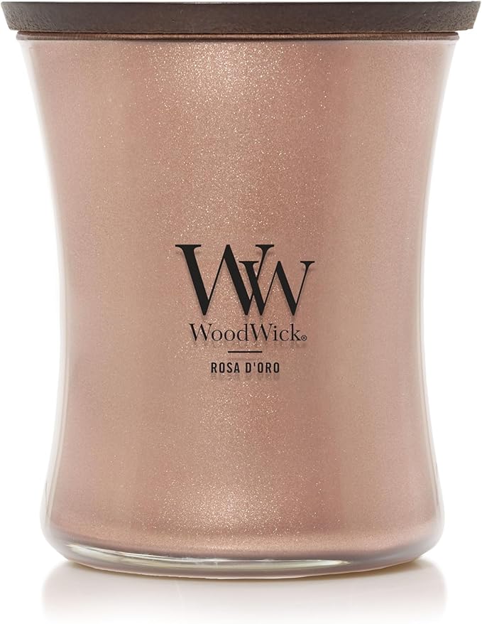 WoodWick Rosa D'oro Holiday Candle Gifts for Women and Men, 9.7 oz Precious Metals Collection with Crackling Wick - Bloomnest