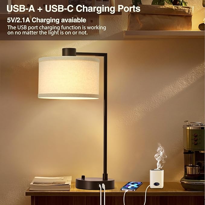 Luvkczc Table Lamp for Bedroom Set of 2 with USB C+A Ports - Fully Stepless Dimmable Bedside Lamp with Linen Lampshade - Contemporary Lamp for Living Room Reading Office, 2 Bulbs Included (Red Brown) - Bloomnest