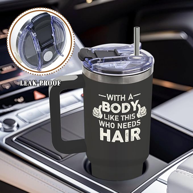 DUUV Funny Bald Guy Tumbler 40 Oz, 'With a Body Like This Who Needs Hair' Funny Insulated Mug for Christmas Thanksgiving, Gag Gifts for Bald Men, Gym Lovers, Husbands, Boyfriends, Dad Jokes, 1PCS - Bloomnest