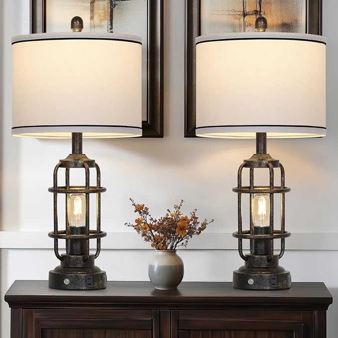 26" Vintage Industrial Table Lamps Set of 2, Farmhouse 3 Way Dimmable Touch Control LED Night Lights Table Lamp with USB A+C Ports & AC Outlet, Rustic Retro Beside Nightstand Lamp for Bedrooms Bronze - Bloomnest