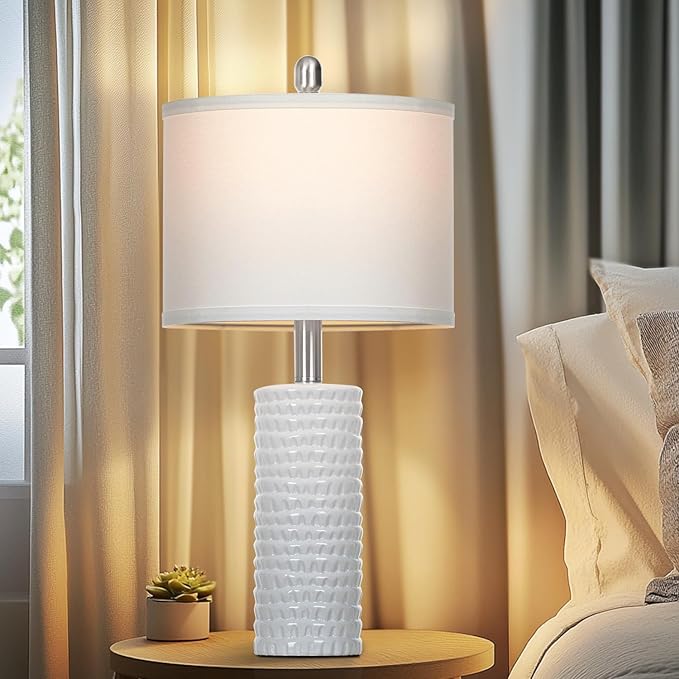 24.5" Modern Ceramic Table Lamps for Living Room ，Farmhouse Nightstand Lamps Set of 2 with White Linen Shade Office Reading Lamp ，Bedroom Lamps for Bedside End Table, Bedroom, Living Room, White - Bloomnest