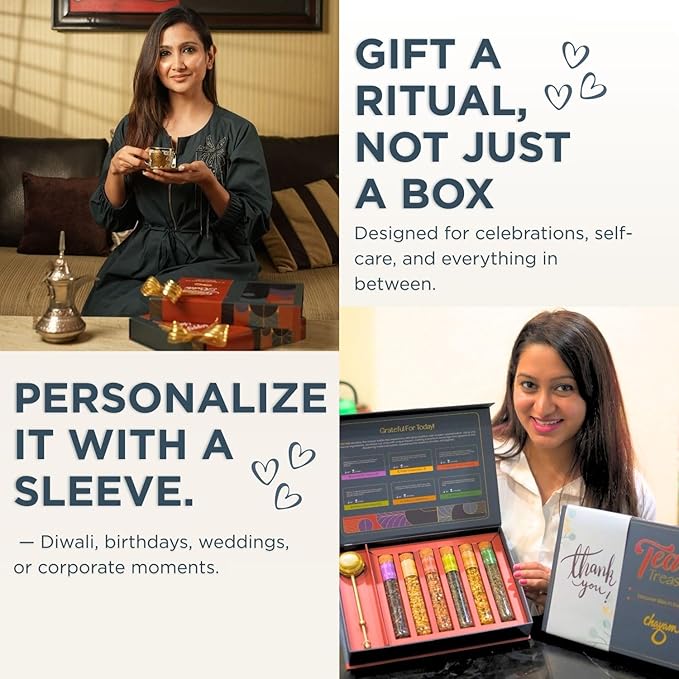 CHAYAM 6 Tube Tea Gift Set | Herbal & Green Loose Leaf Teas in Glass Tubes & a Lead-Free Brass Infuser | Chamomile, Mint, Cinnamon, Turmeric, Lavender & Himalayan Green - Bloomnest