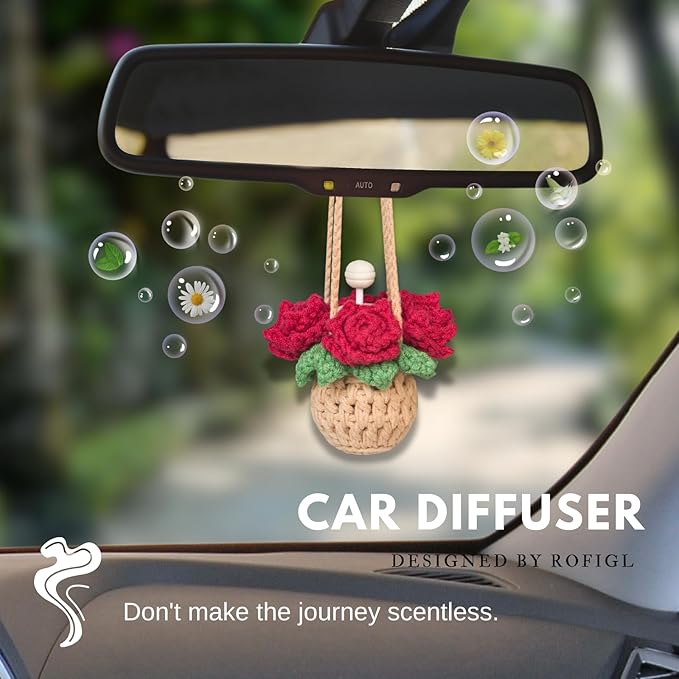 Handmade Crochet Hanging Car Air Freshener - Romantic Red Rose Design, 12ml Refillable Thick Glass Bottle, Car Diffuser for Rearview Mirror, Home & Office Romantic Decor - Bloomnest
