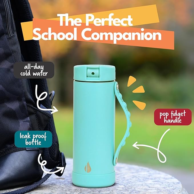 Elemental Iconic Kids Water Bottle for School - 100% Leak-Proof Insulated Water Bottles with Straw Lid & Pop-It Handle for Boys & Girls - Triple-Wall Insulated & BPA-Free, 14oz – Robin’s Egg - Bloomnest
