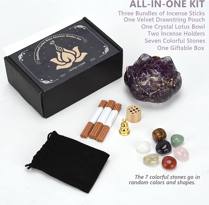 Crystal Lotus Incense Holder Set, Decorative Lotus Flower Decor Bowl 3.15x3.15x1.5 Inch, Incense Sticks Cones Holder with Ash Catcher (Purple)