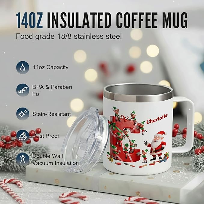 Personalized Christmas Mug | Custom Santa's Workshop Initial Insulated Coffee Cup with Handle & Lid | 12oz Holiday Tumbler, Cute Elf Gift for Kids, Boys & Girls (B16) - Bloomnest