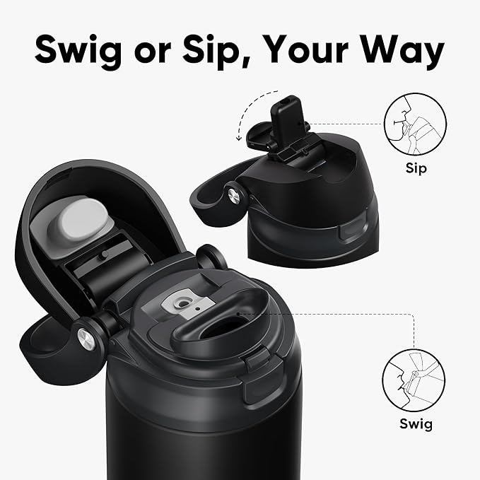 ENCOOL Leakproof Insulated Water Bottle with Straw Dual-Sip Water Bottle Bag-Safe Design for Work, Commute & Gym – Keeps Drinks Cold All Day, 32 oz, Jet Black ENCOOL