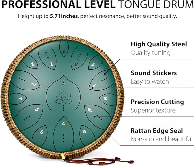 Steel Tongue Drum 13 Inches 15 Notes, Hand Pan Drums for Adults 440hz, C Major Handpan Musical Instrument with Song Book, Mallets and Carry Bag, Green - Bloomnest