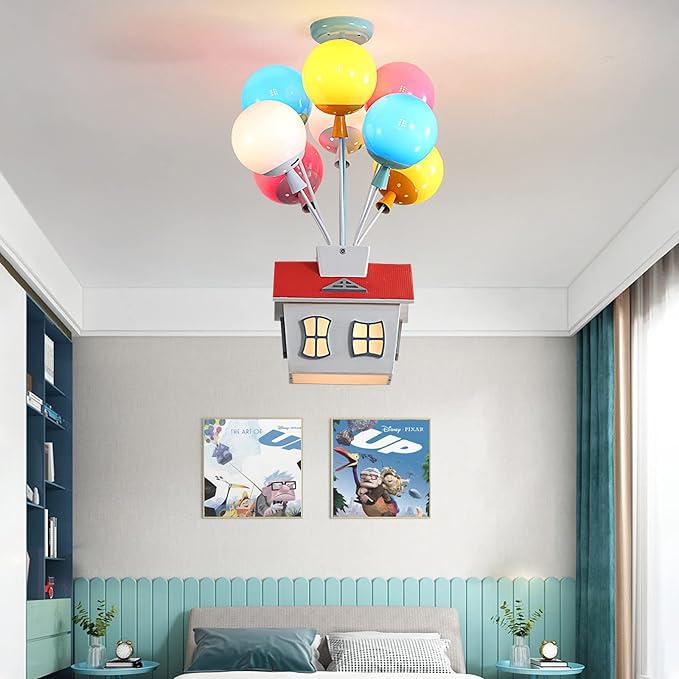 Kids House Shape Ceiling Light Colorful Balloon Wood Chandelier Cartoon House Shape with Acrylic lampshade Sputnik Ceiling Light for Girls Boys Kid's Bedroom (D16.5*H22.8IN (6 Light)) - Bloomnest