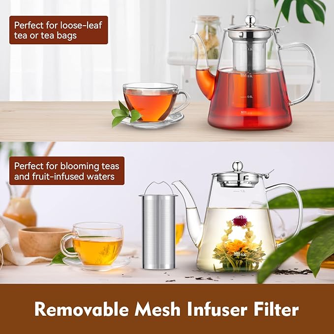 Glass Teapot, 1200ml (40oz) Tea Pot with Infuser for Loose Tea and Blooming Tea, Stovetop Safe Tea Kettle, Hand Crafted Borosilicate Glass Tea Maker with Scale Line, Tea Gift Set for Tea Lovers - Bloomnest