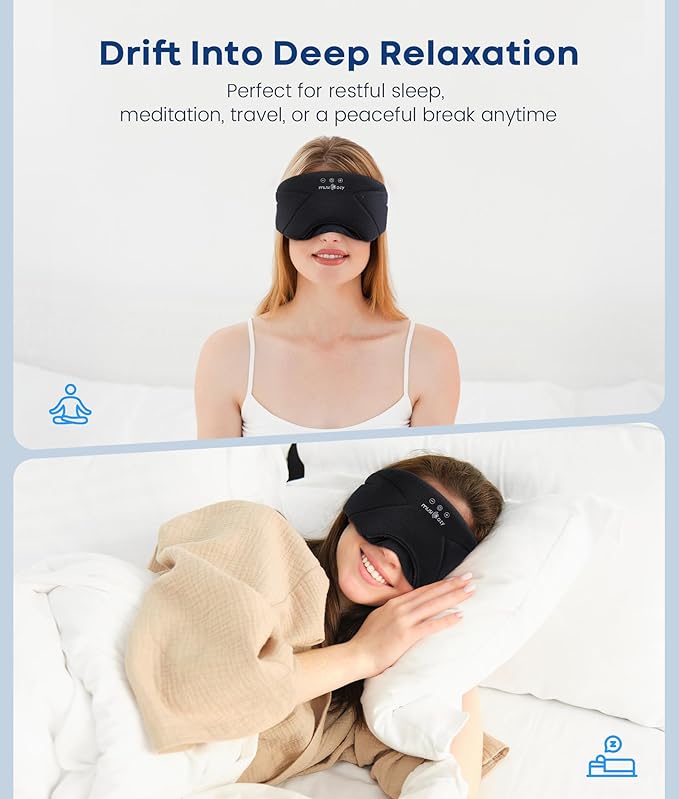 MUSICOZY Bluetooth Sleep Headphones 5.4, Wireless Over-Ear Headphones with Built-in HD Stereo Speakers, Cooling Eye Mask Design, 14H Playtime, Washable, for Side Sleepers, Travel & Relaxation - Bloomnest