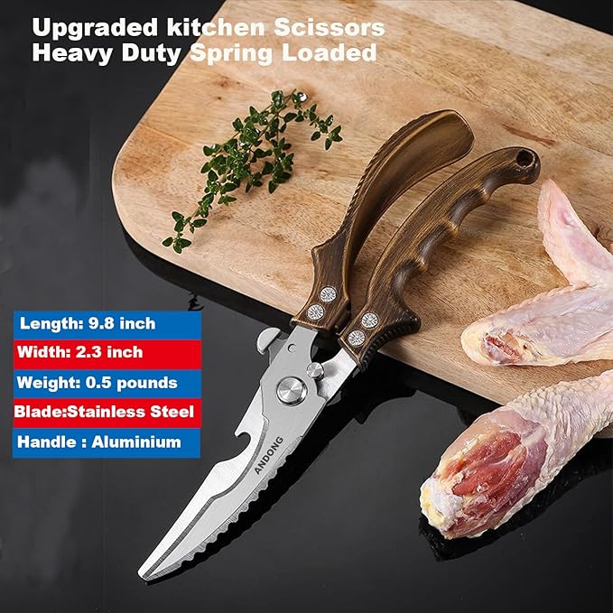 ANDONG Kitchen Shears - Heavy Duty Stainless Steel Poultry, Meat & Bone Scissors with Black Leather Sheath for Food - Bloomnest
