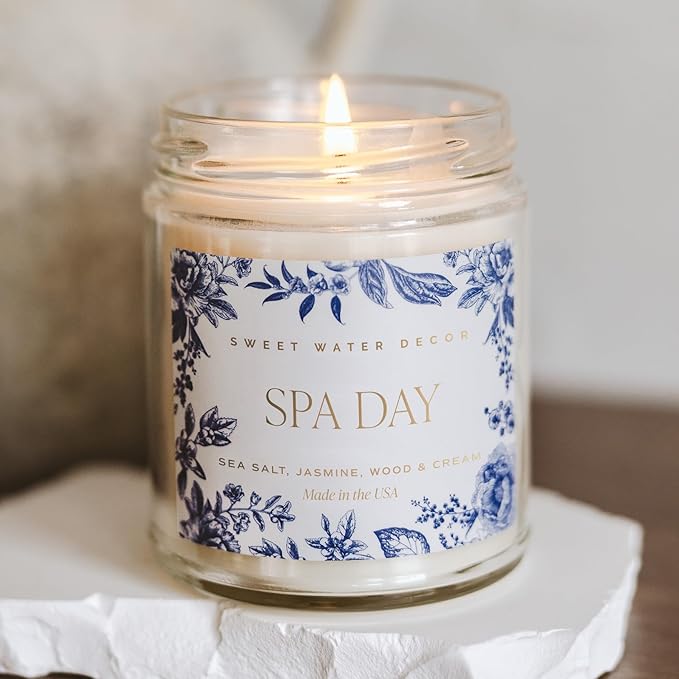 Sweet Water Decor Spa Day Patterned Candle – Soy Candles with Sea Salt, Jasmine, Wood, Cream Aroma– 40 Hour Burn – 9oz Clear Glass Jar – Ideal for Valentines Presents or Any Special Occasion - Bloomnest